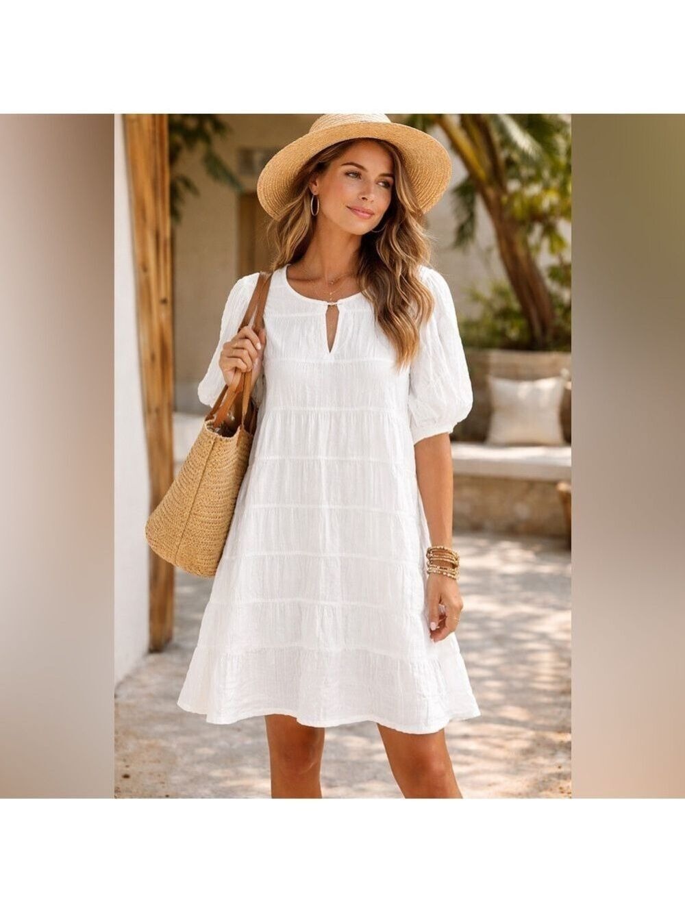 Women's White Keyhole Puff-Sleeve Dress